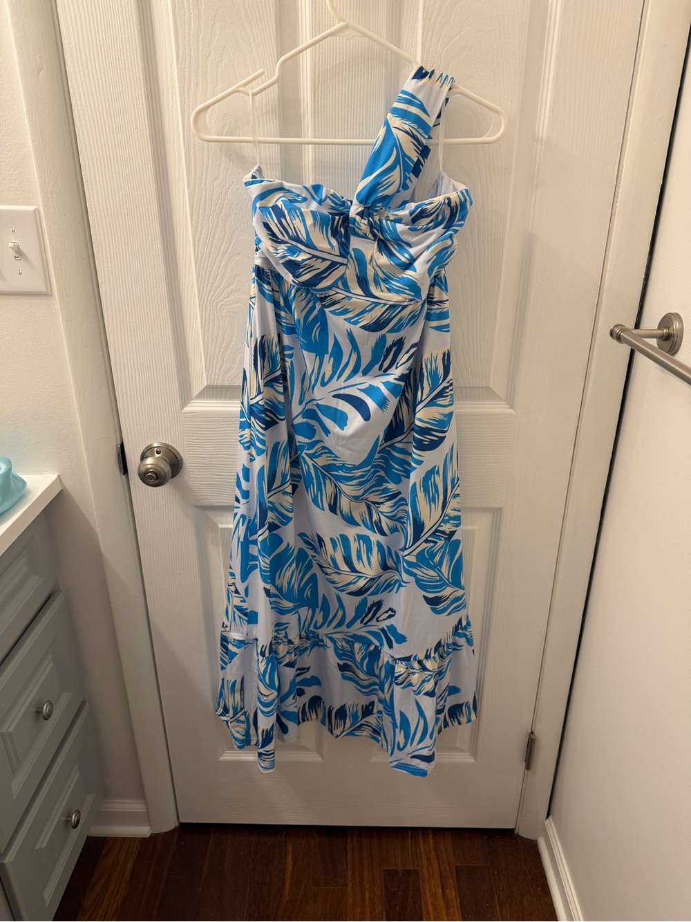 NWT-Grace Karin White & Blue Tropical One-Shoulder Maxi Dress